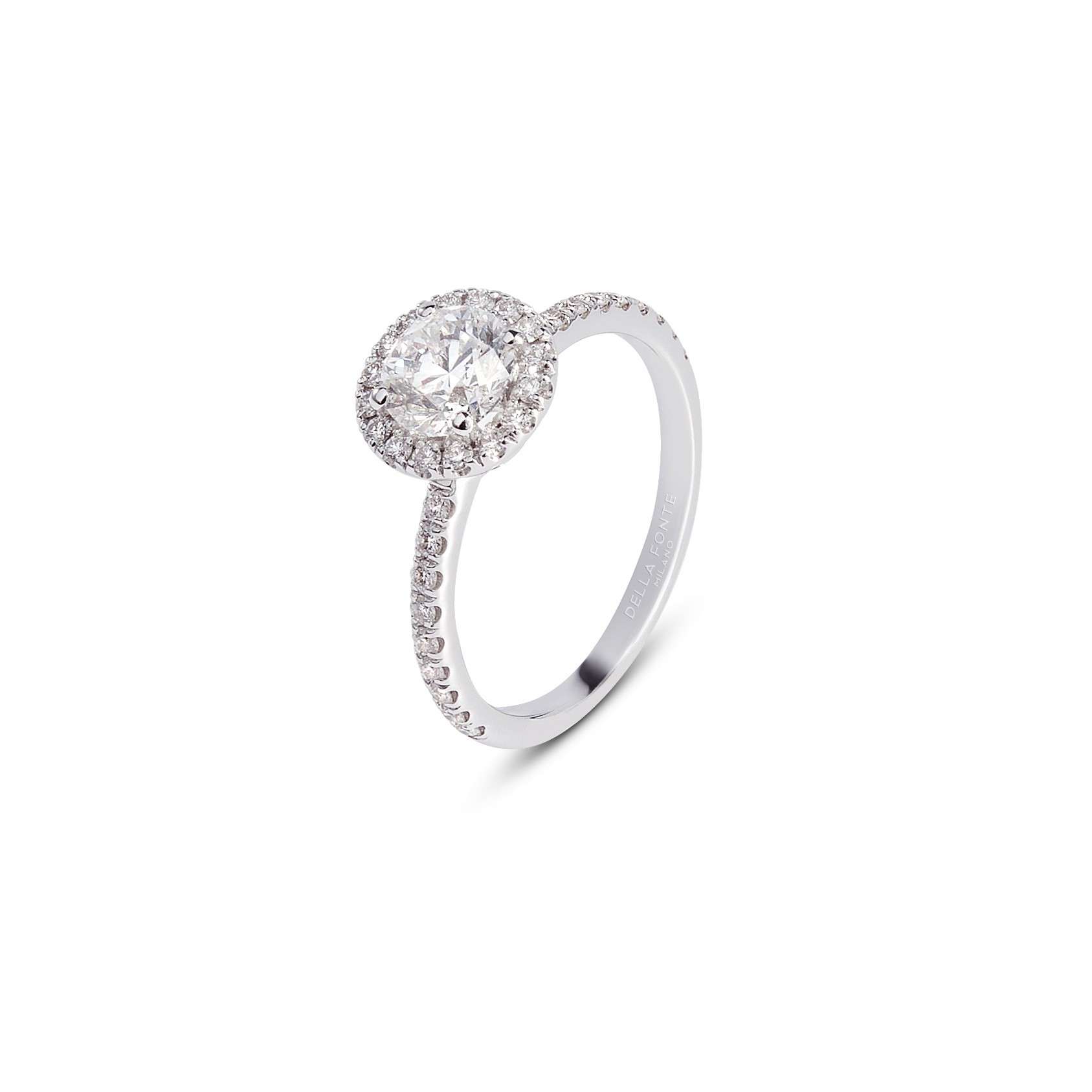 Anello solitario con diamanti di contorno e gambo